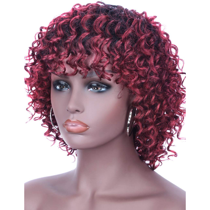 12 Inch Short Bob Wine Red Curly Human Hair Wig With Bangs