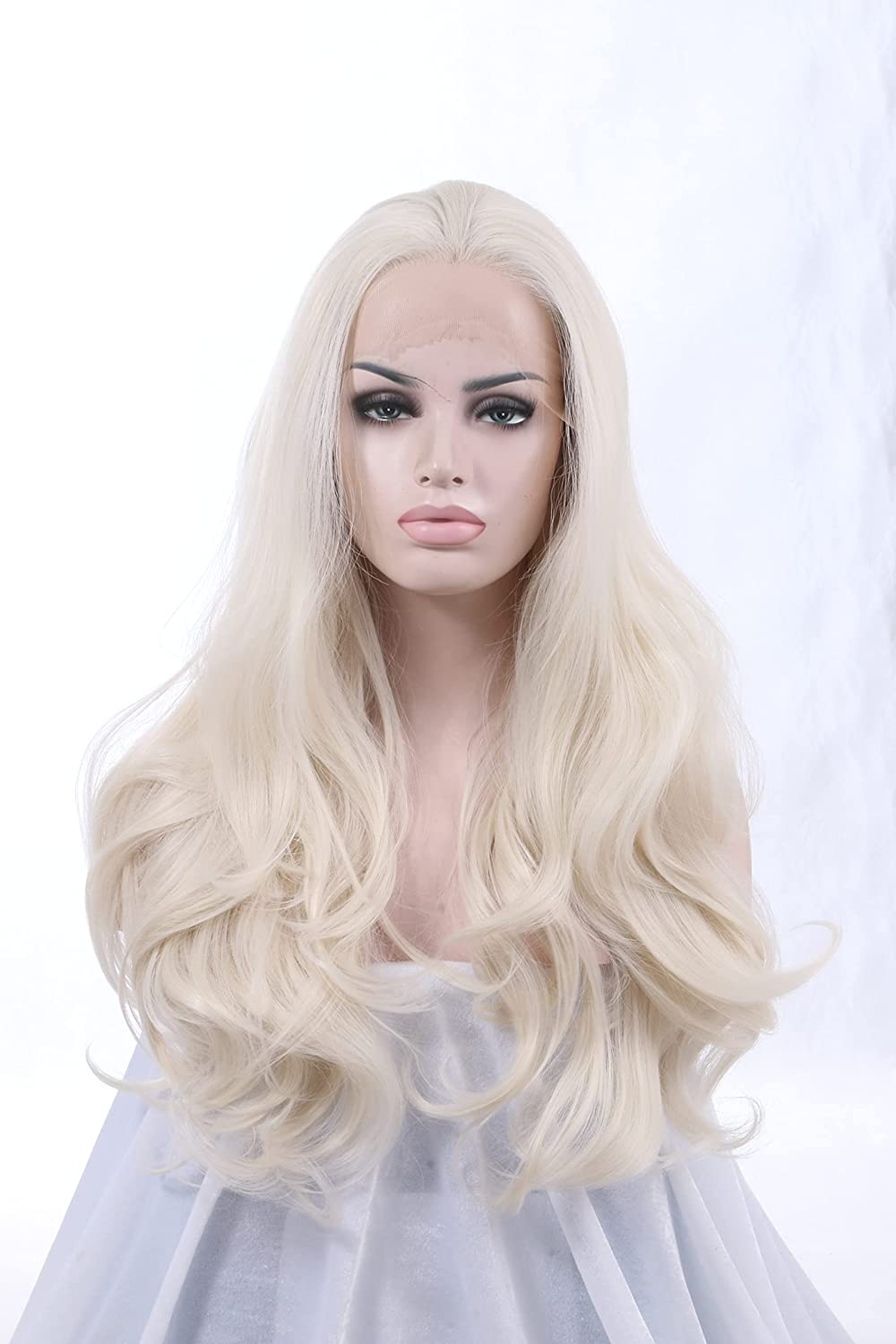 Platinum Blonde Glueless Synthetic Hair Lace Front Wigs Long Natural Straight Half Hand Tied Replacement Full Wig for Women Heat Friendly 24Inch