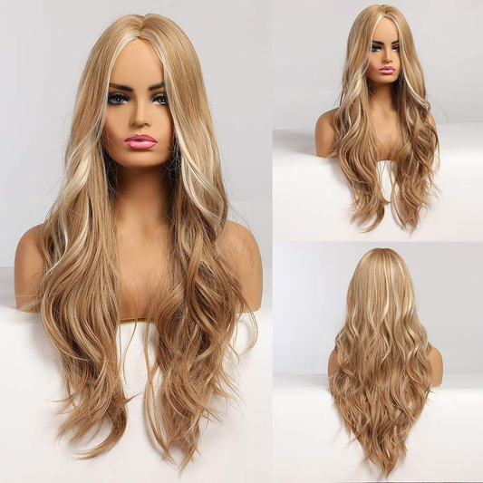 26Inch Long Blonde Natural Wavy Middle Part Wig 