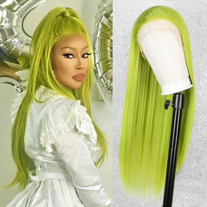  Long Straight Neon Green Lace Front Wig for Women DragQueen