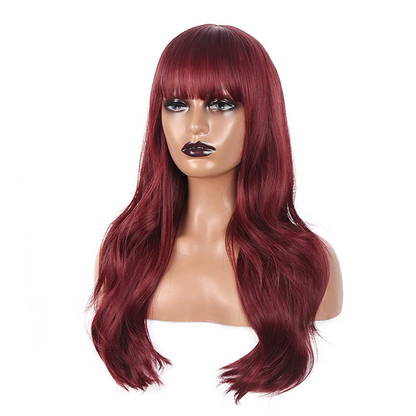 Red Wine Long Wavy Wig With Bangs