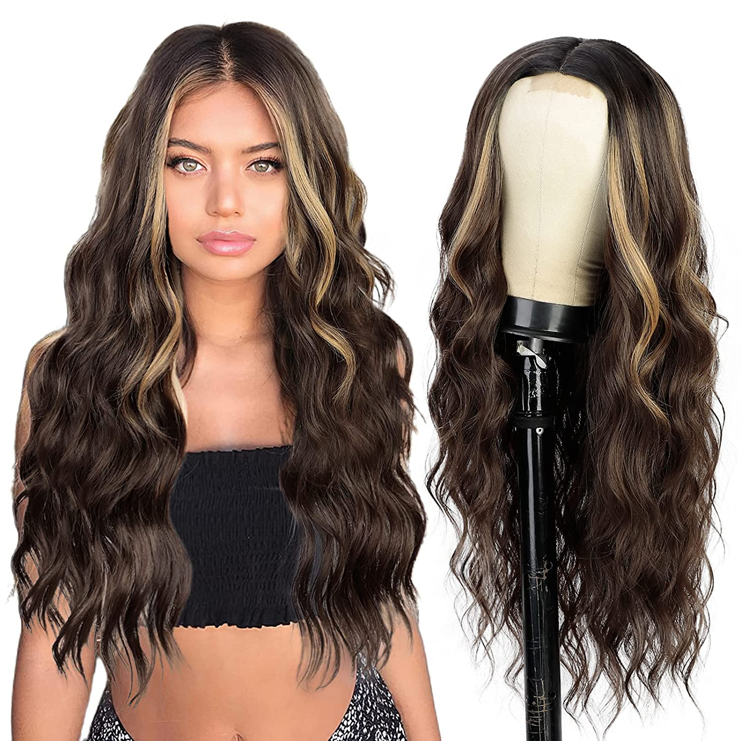 Blonde-Brown Long Wavy Middle Part Wig
