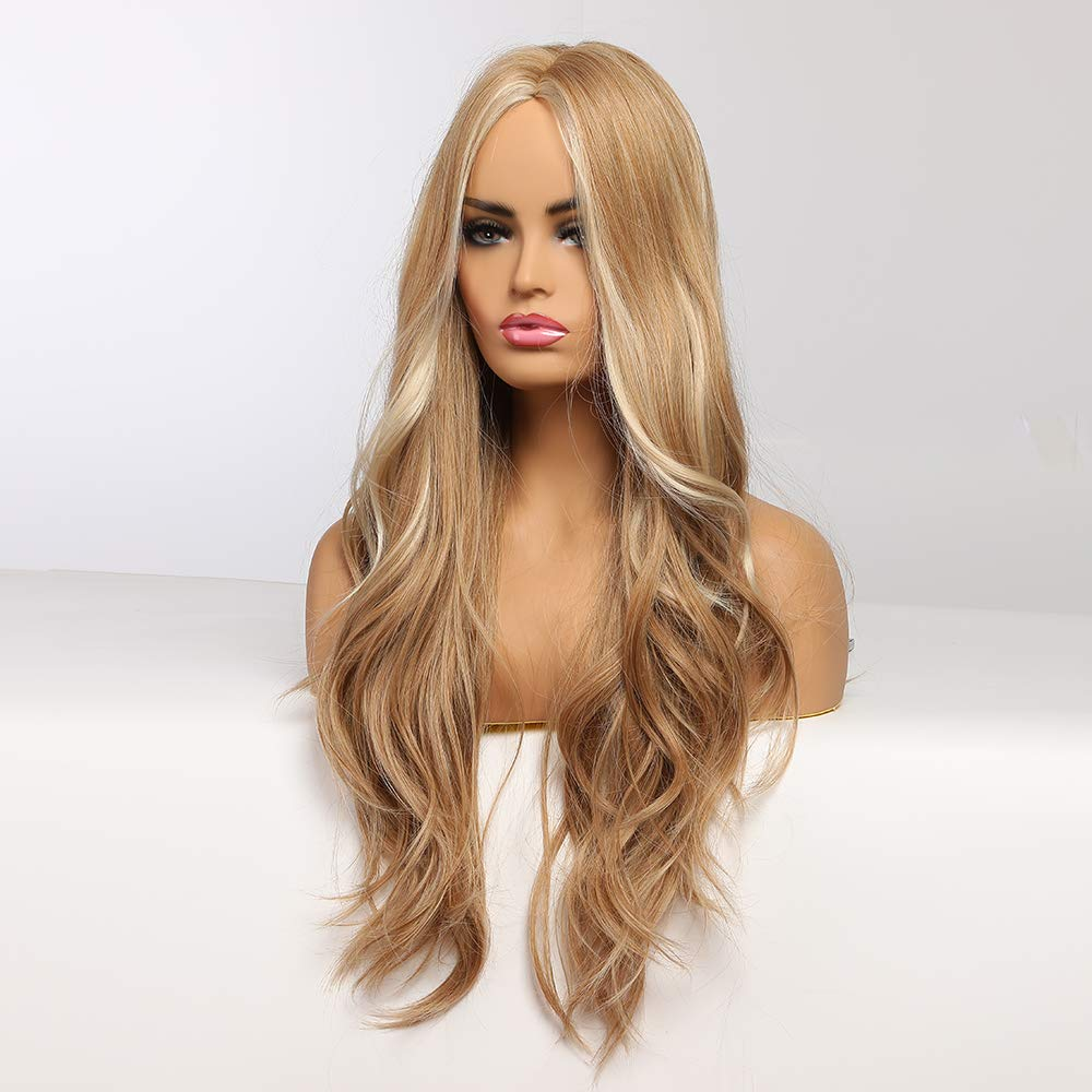 26Inch Long Blonde Natural Wavy Middle Part Wig 