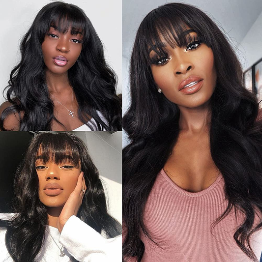 Long Silky Wavy Wigs with Bangs |24 Inch,Natural Black