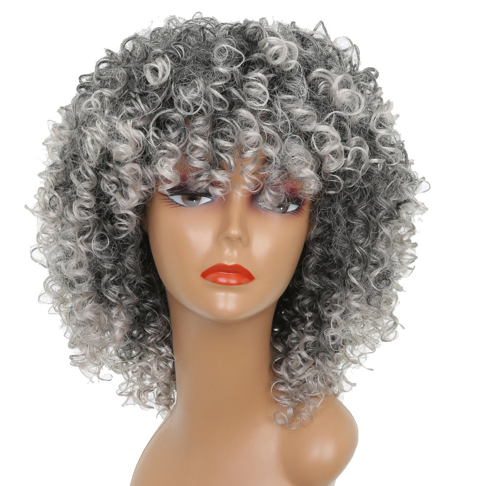 Gray Black Afro Kinky Bob Wig With BangsBlack Mixd Gray Curly Afro Wig for Black Women,Short Curly Afro Wig with Bangs,Synthetic Omber Gray Full Hair Wig 14Inch