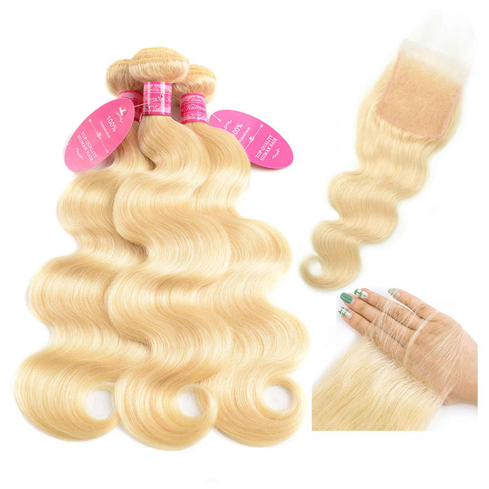 Body Wave Brazilian Human Hair Weave Bundles with Closure Virgin Hair |613 Blonde Hair 