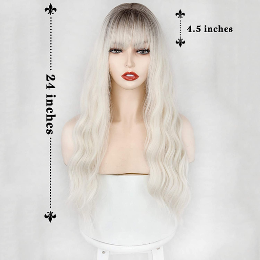 Platinum Blonde Dark Roots Long Wavy Wig For Women DragQueen