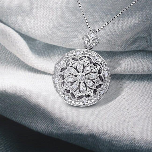  Diamond Vintage Floral Locket Sterling Silver Necklace 