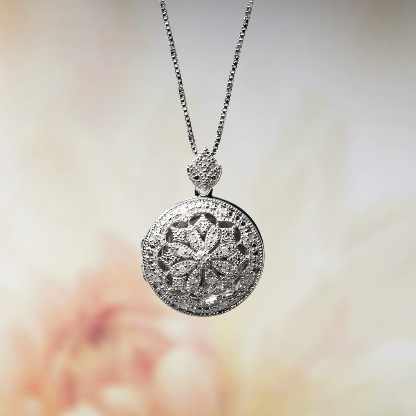  Diamond Vintage Floral Locket Sterling Silver Necklace 