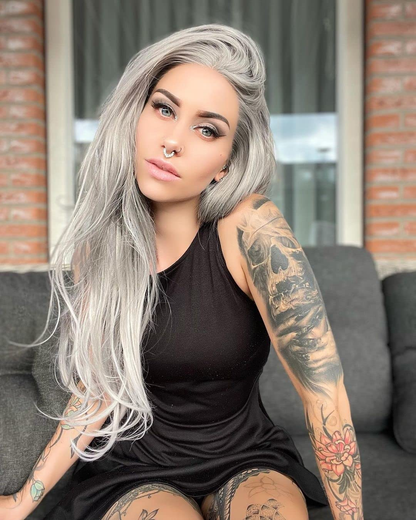 Silver Gray Long Natural Straight Lace Front Wig 