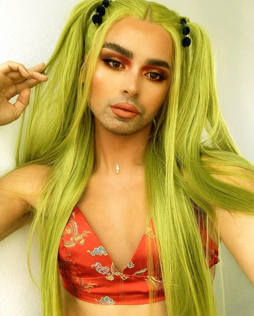  Long Straight Neon Green Lace Front Wig for Women DragQueen