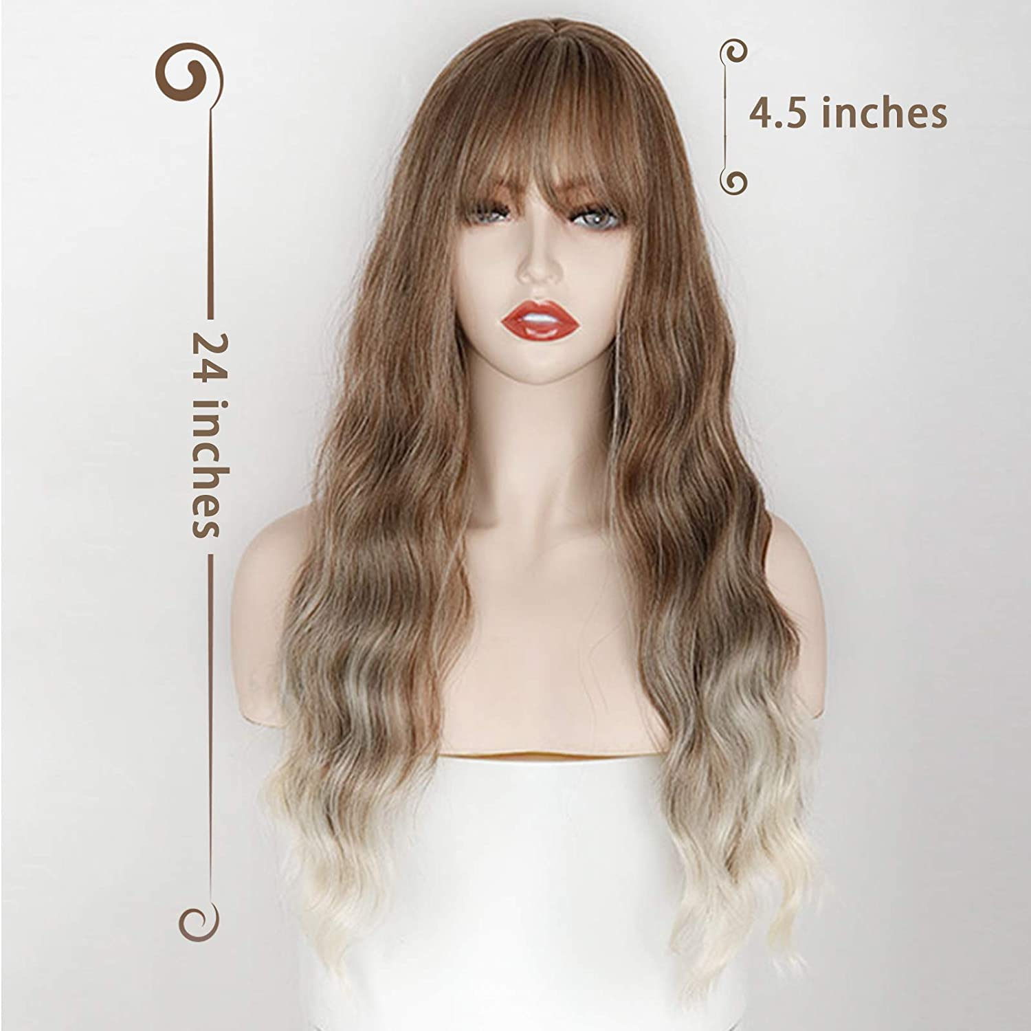 Long Ombre Brown Blonde Full Wavy Wig With Bang 