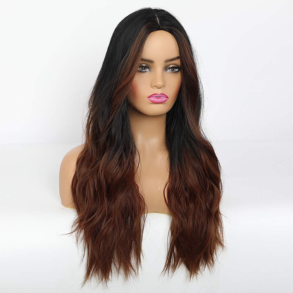 Long Ombre Black Brown Natural Wavy Wig 
