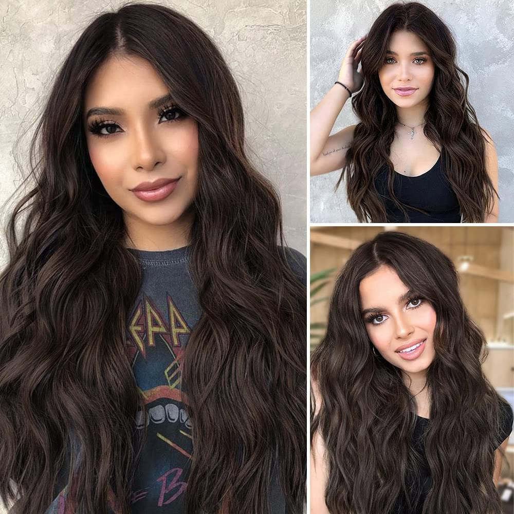  Dark Brown Long Wavy Middle  Brown Wigs for Women