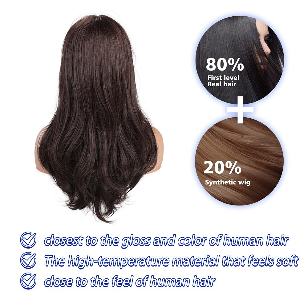 Dark Brown Long Wavy Human Hair Wig with Bangs 
