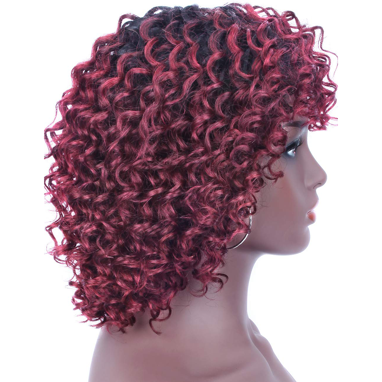 12 Inch Short Bob Wine Red Curly Human Hair Wig With Bangs