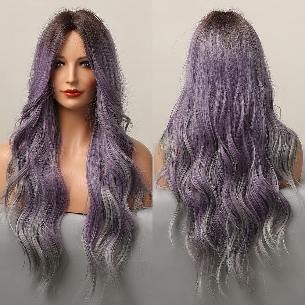 Long Wavy Ombre Purple Gray Full  Wig 