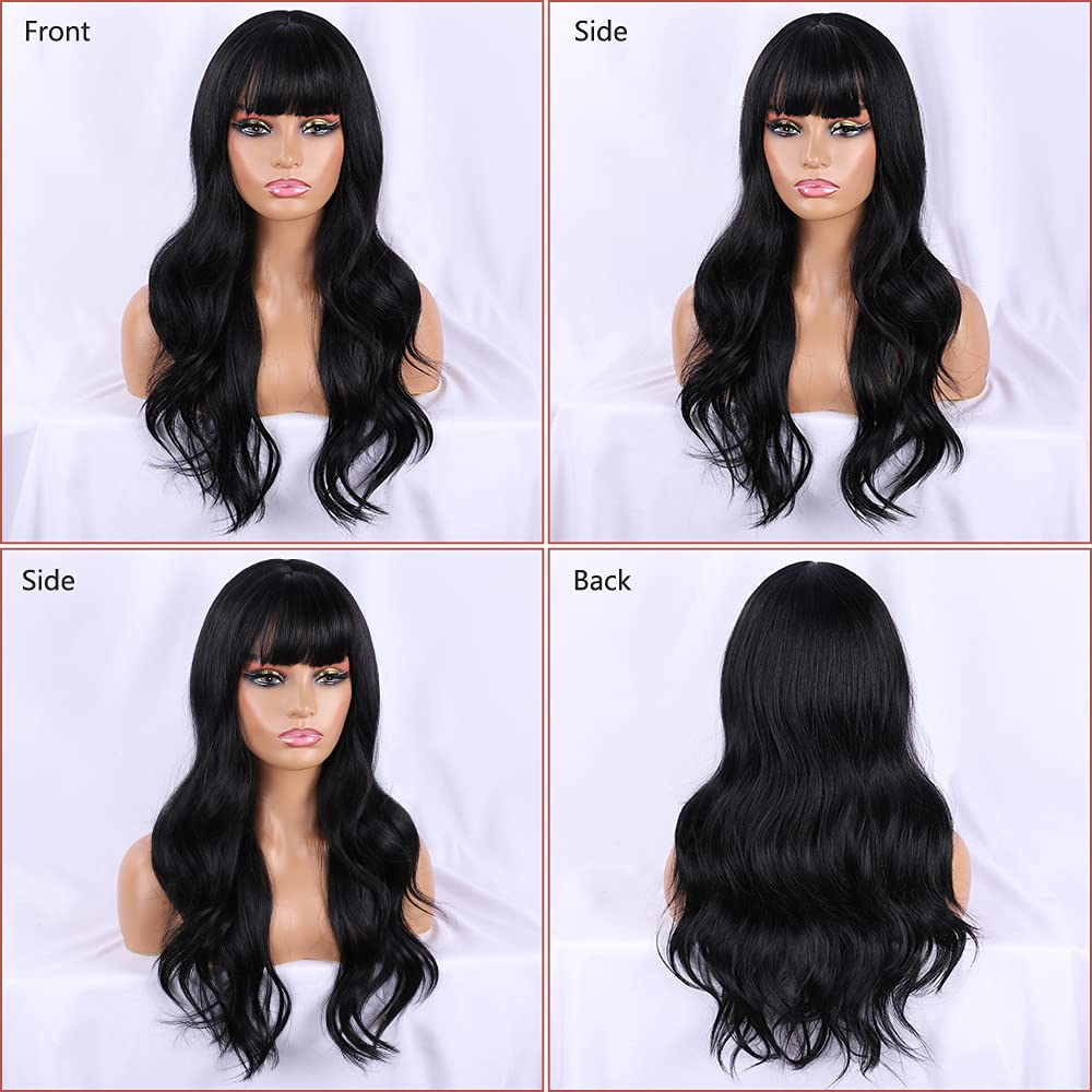 Long Silky Wavy Wigs with Bangs |24 Inch,Natural Black