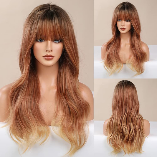 Long Wavy Ombre Strawberry Blonde Full Bang Wigs for Women