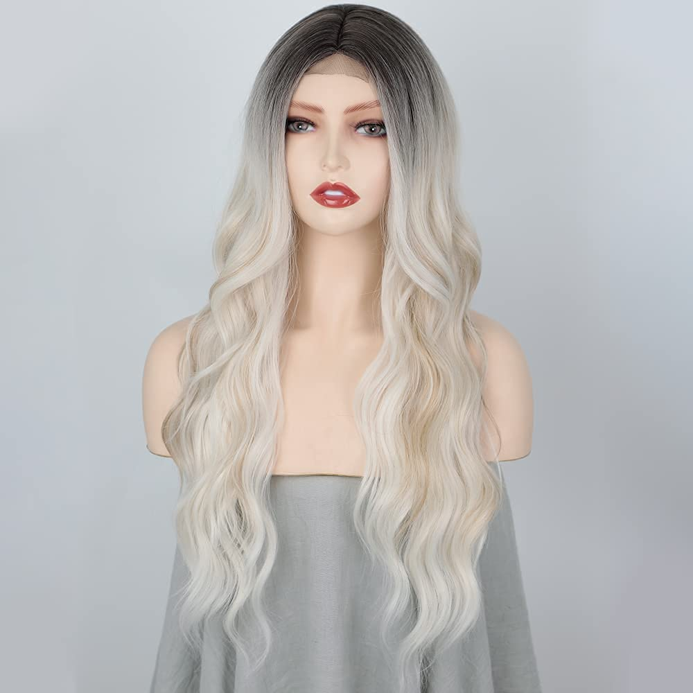 Ombre Platinum Blonde Middle Part Wavy Curly Wig