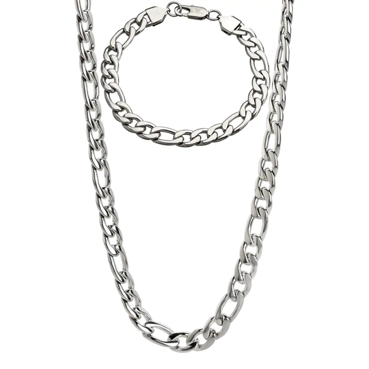Stainless Steel Men'S 9-Mm Figaro Chain Jewelry Set