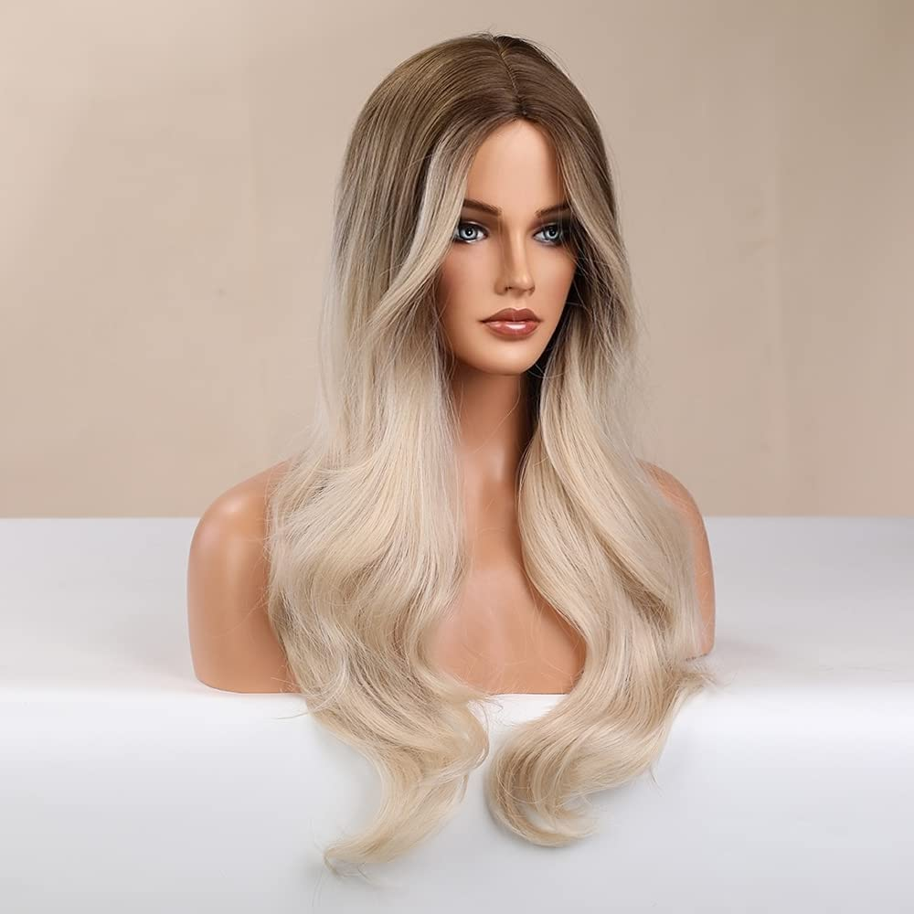 Long Natural Wave Ombre Dark Brown Blonde Full None Lace Wig 