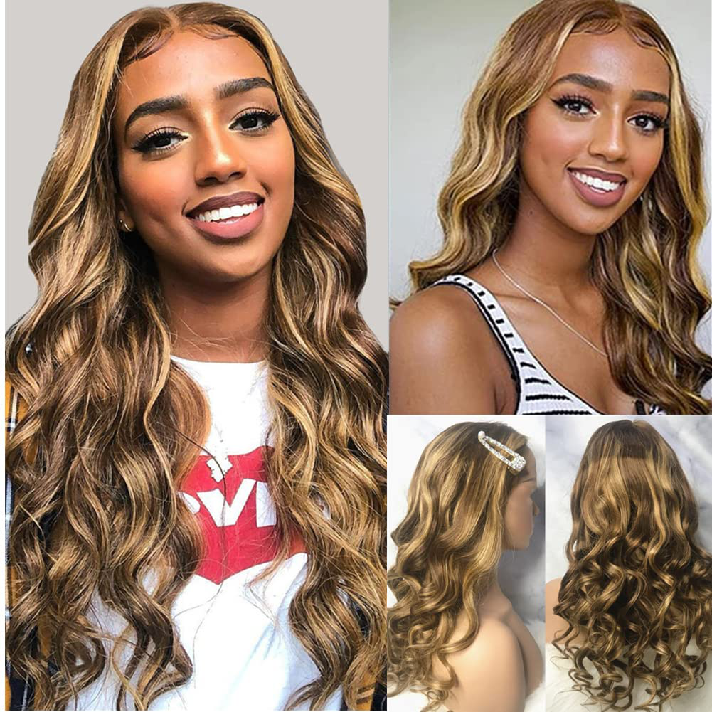 24 Inches Straight  Highlights Ash Brown Blonde Human Hair Wigs