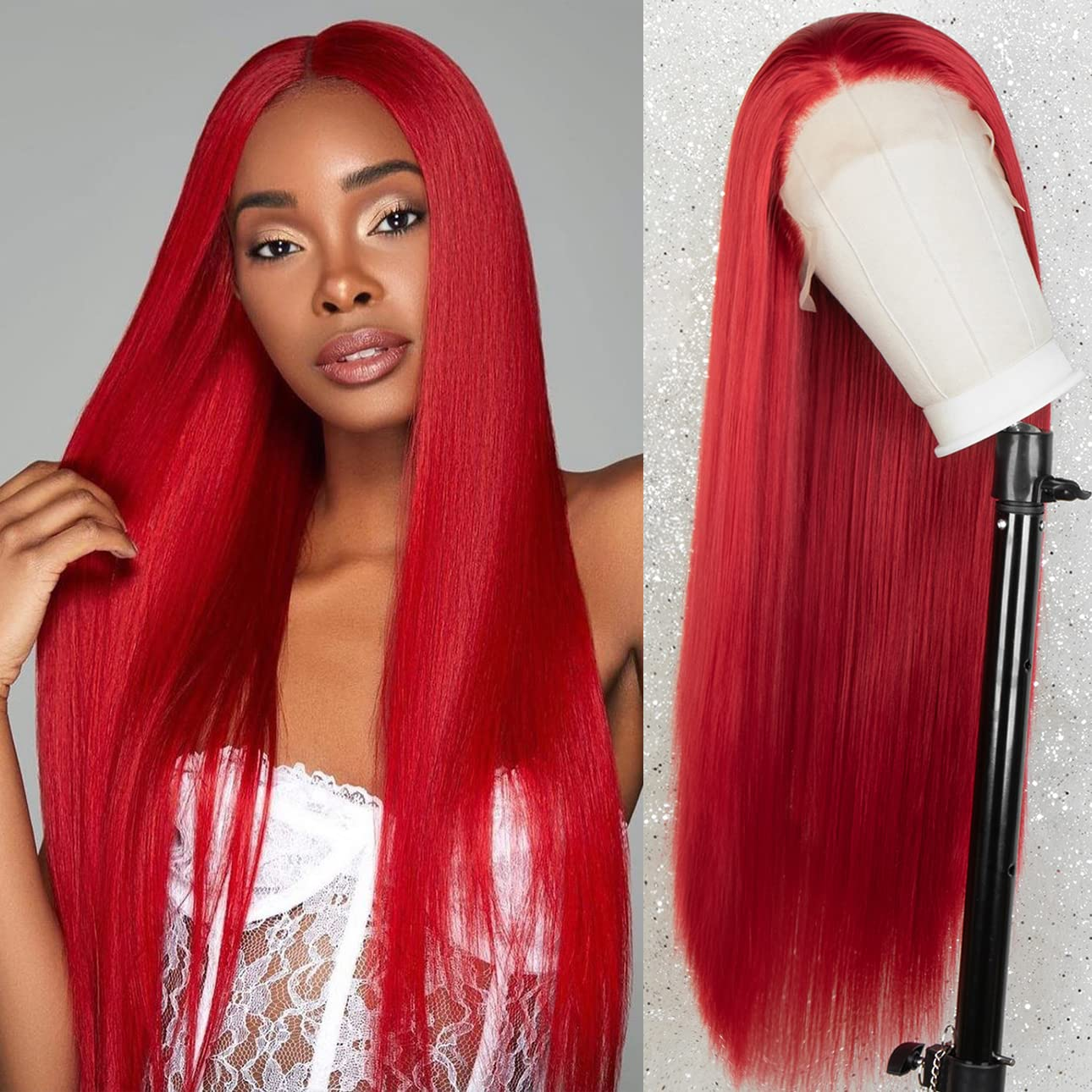  22 Inches RED Long Straight Lace Front Wig 