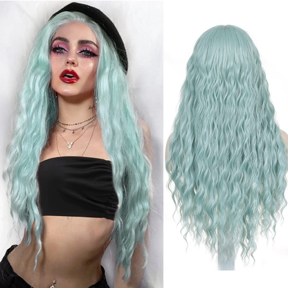  Long Curly Wavy Lace Front Wig 22Inch Green Color 