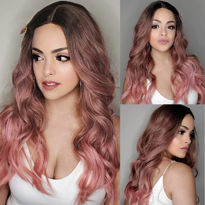 Nnzes Ombre Pink Wigs for Women Synthetic Long Wavy Wig Middle Part Hair Replacement Wigs 22 Inch Heat Resistant Fiber for Daily Use