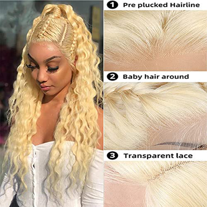Free Part 613 Blonde Deep Wave HD Lace Human Hair Wig With Baby Hair
