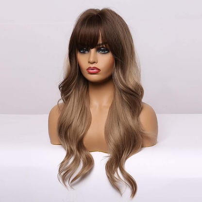 Long Wavy Dark Ashy Blonde Ombre Full Non Lace Bang Wig 
