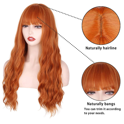 24 Inches Long Wavy Orange Wig with Bangs For Women
