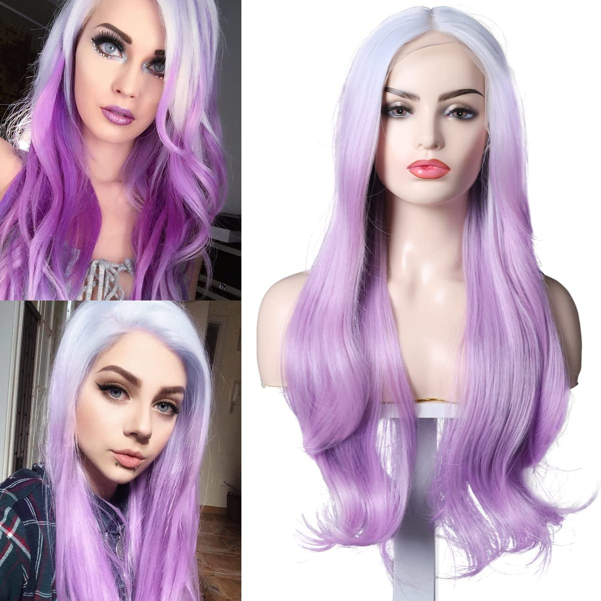 Long Wavy Ombre Purple HD Lace Front Wigs