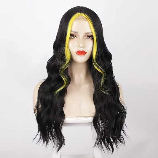 Long Wavy Highlight Black/Yellow Middle Part Wigs 