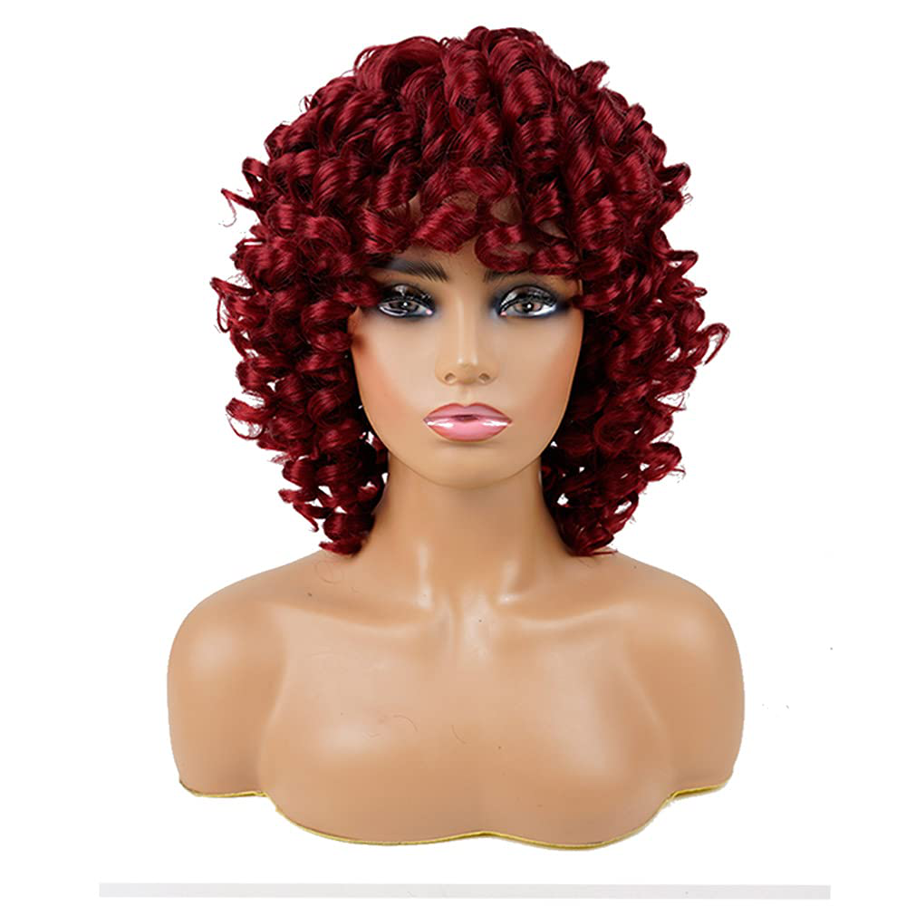 Short Loose Curly Wigs Fluffy Weave Curl Afro Synthetic Hair Wig Natural Daily Half Wigs for Black Women and White Women Breathable Rose Net Wigs (Red)
