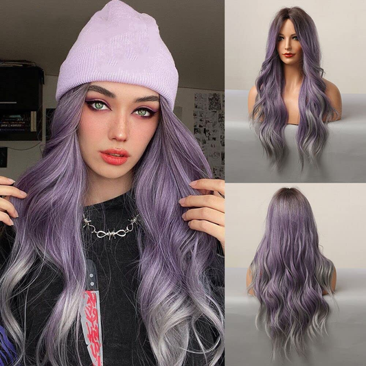 Long Wavy Ombre Purple Gray Full  Wig 