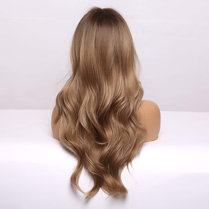 Long Wavy Dark Ashy Blonde Ombre Full Non Lace Bang Wig 