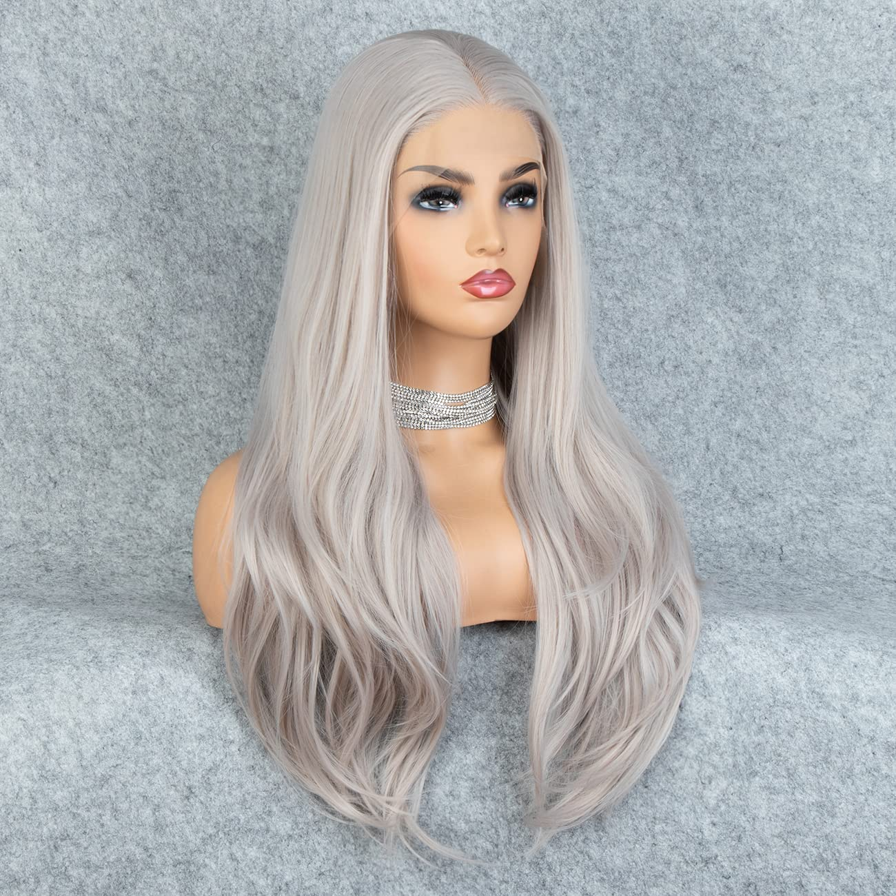 Silver Gray Long Natural Straight Lace Front Wig 