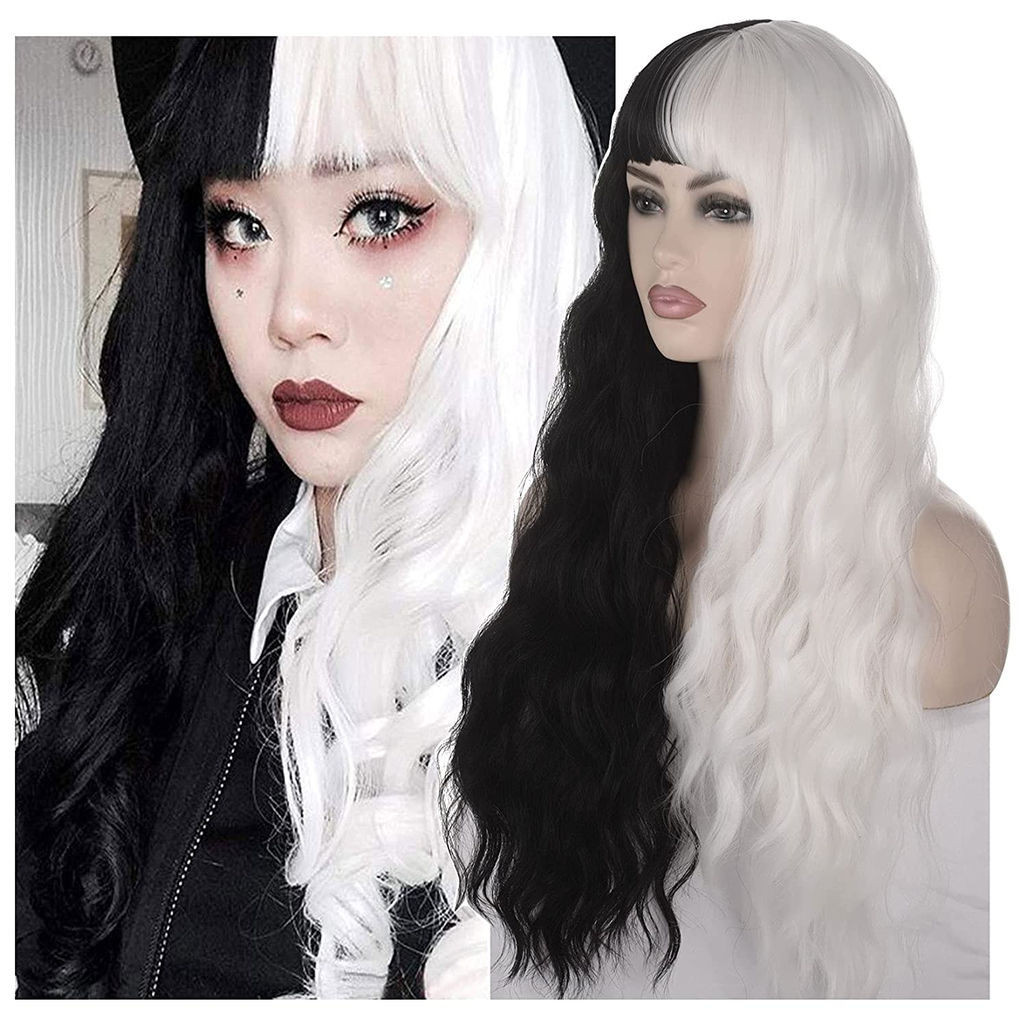 Split Dye White and Black LONG Wavy Full Wig With Bang