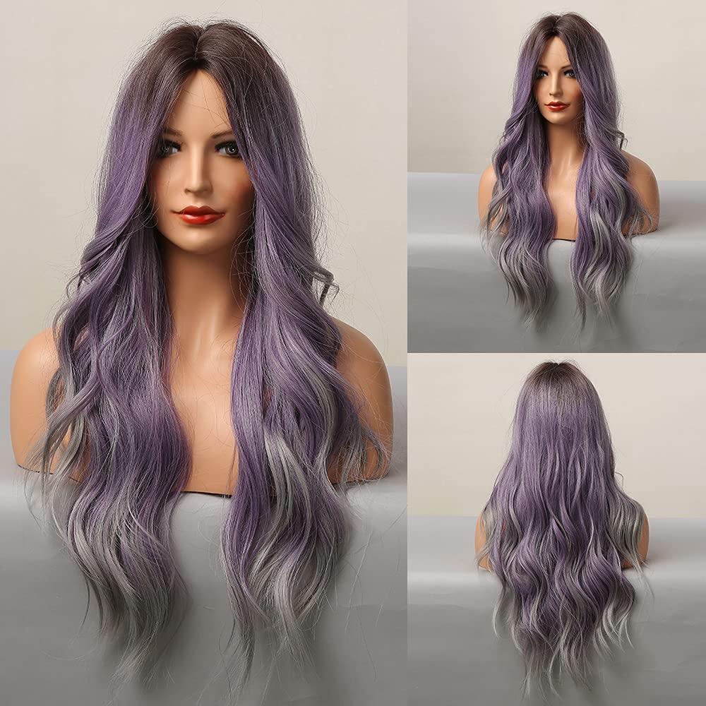 Long Wavy Ombre Purple Gray Full  Wig 
