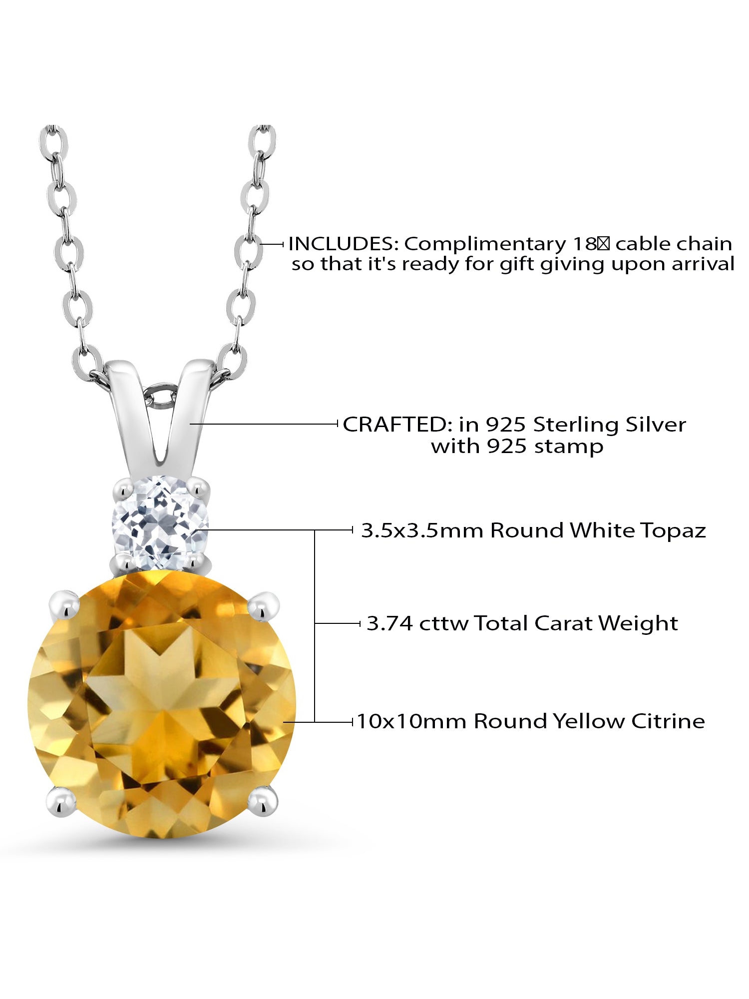 Solid 925 Sterling Silver Women's Pendant Necklace For Women|Yellow Citrine and White 