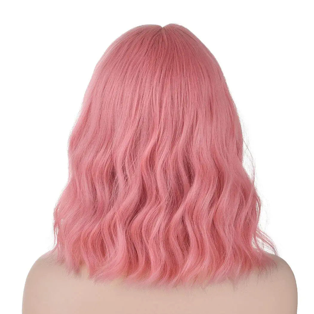Short Pink Bob Wavy Hair Wig with Bang
