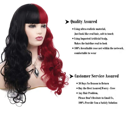 Half Black Half Red Split Dye Hair Wig With Bangs