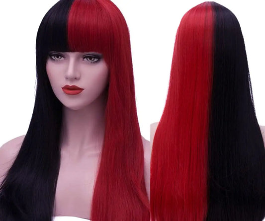 Half Red Half Black Split Dye Hair Wig with Bangs