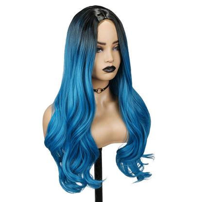 Ombre Blue Long Curly Wigs for Women