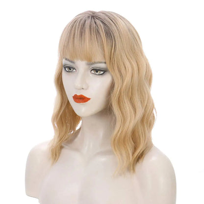 Ombre Dirt Blonde Short Bob Wavy Hair Wig with Bang