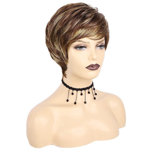 Short Brown Pixie Cut Wigs for White Women with Bangs Mixed Blonde Highlights Synthetic Hair Wig