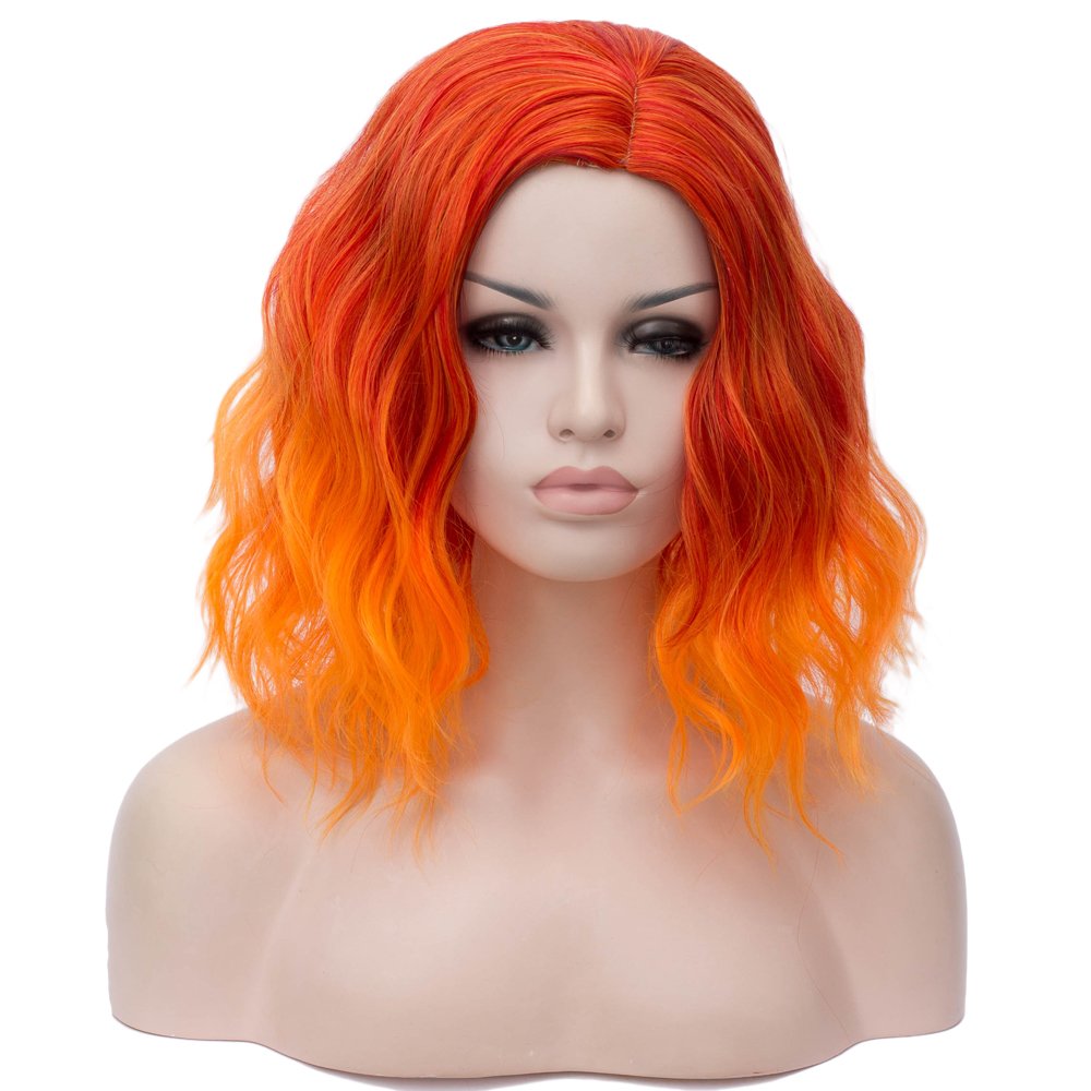 fire orange wig HAIR Synthetic Curly Bob Wig with Bangs Short Bob Wavy Hair Wigs Wine Red Color Wigs for Women Bob Style Synthetic Heat Resistant Bob Wigs.