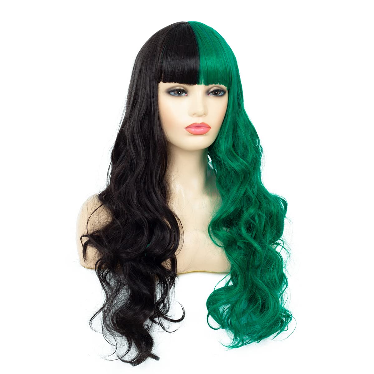Half Black Half Green Split Dye Hair Wig With Bangs